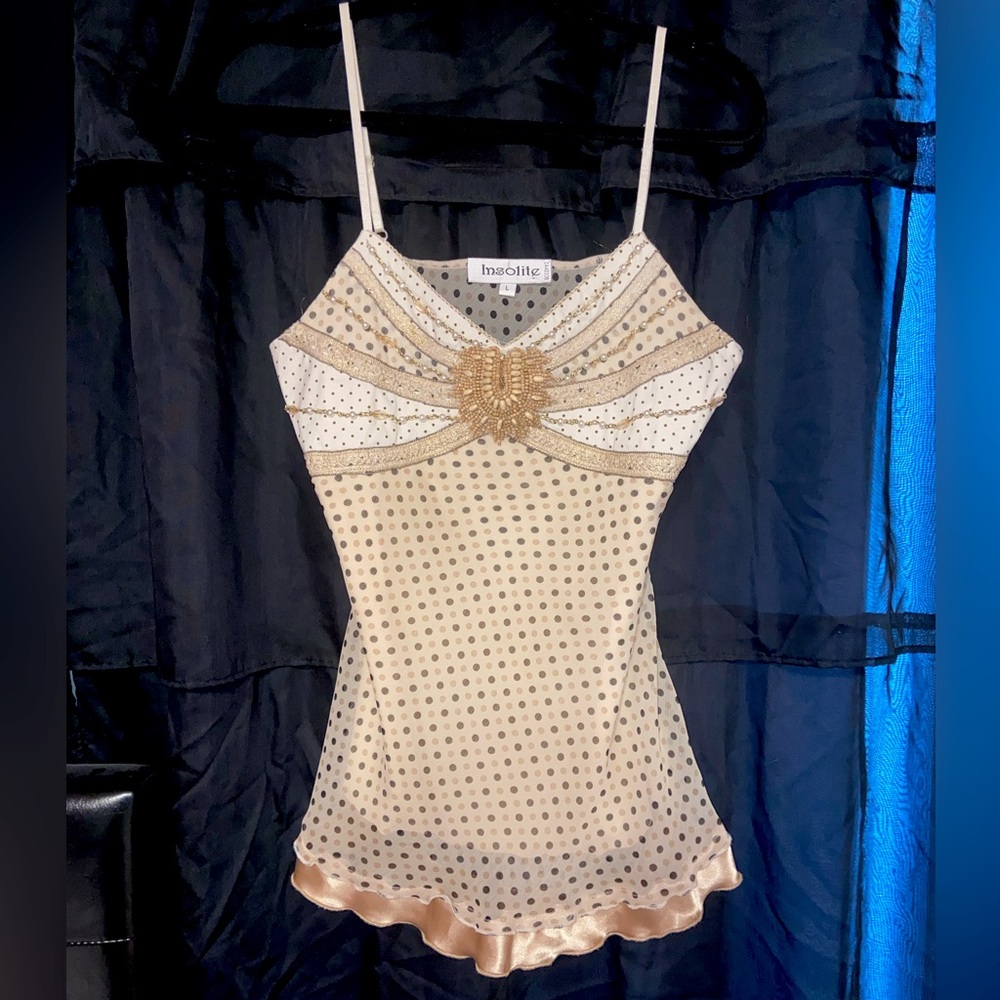 Beaded layered top with sheer polka dot fabric